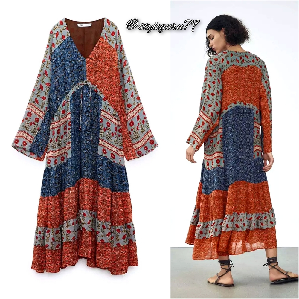 NWT, ZARA, Patchwork Printed Midi Dress - Picture 2 of 7